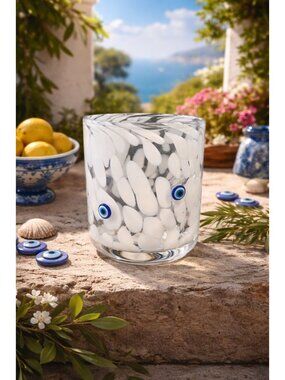 New Blue & White Spotted Evil Eye Icon Barware Beverage Glass Cup Tumbler